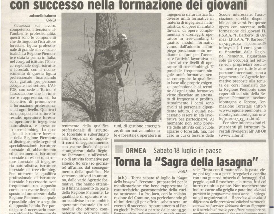 Pagina di giornale dove si parla della formazione dei giovani forestieri