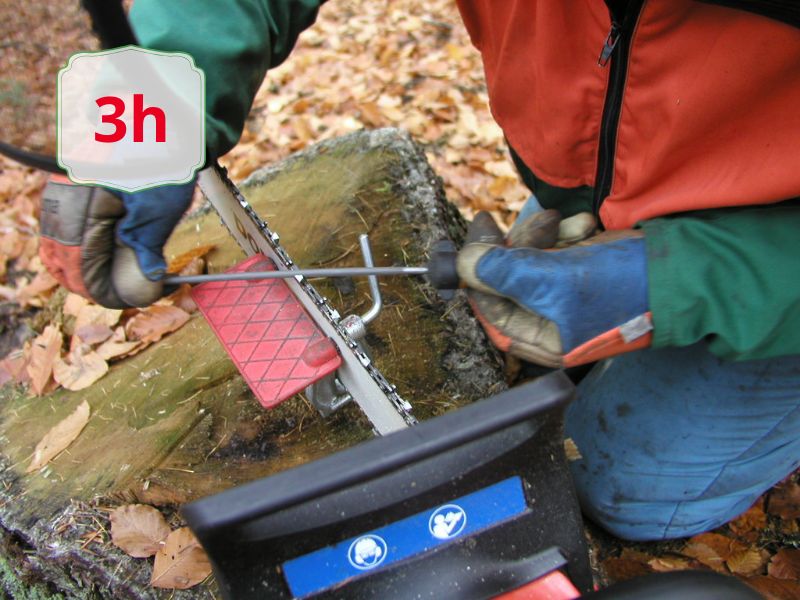 Person wearing gloves and orange/green jacket slices a log with a handsaw outdoors in autumn leaves; a '3h' badge is visible.