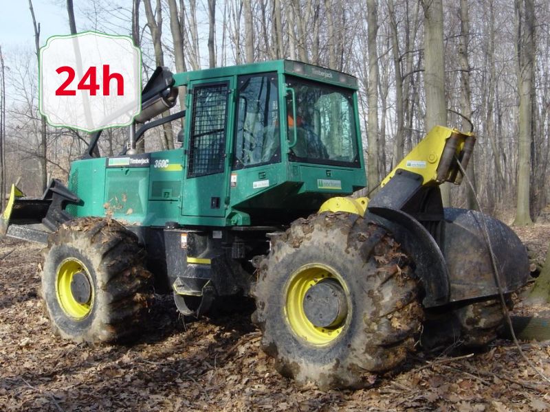 Timberjack 360C forwarder in a forest with large muddy tires and a front loader, a 24h overlay in the corner.
