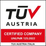 TÜV AUSTRIA Italia certification logo with a red banner reading CERTIFIED COMPANY and the code UNI/PdR 125:2022 below.