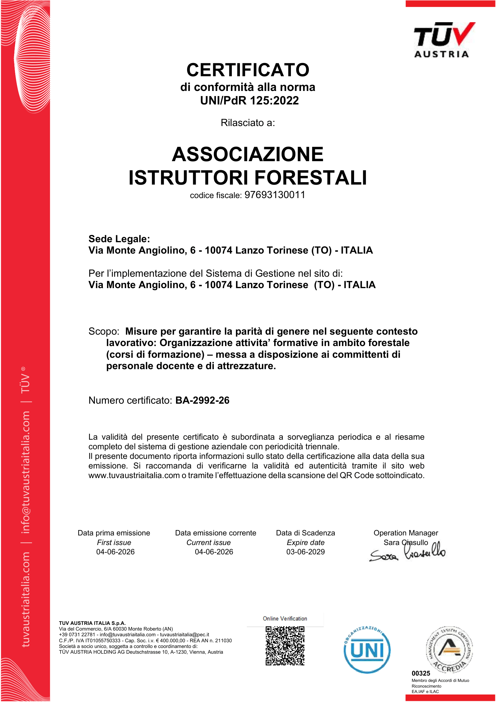 Anteprima Certificato UNI/PdR 125 AIFOR